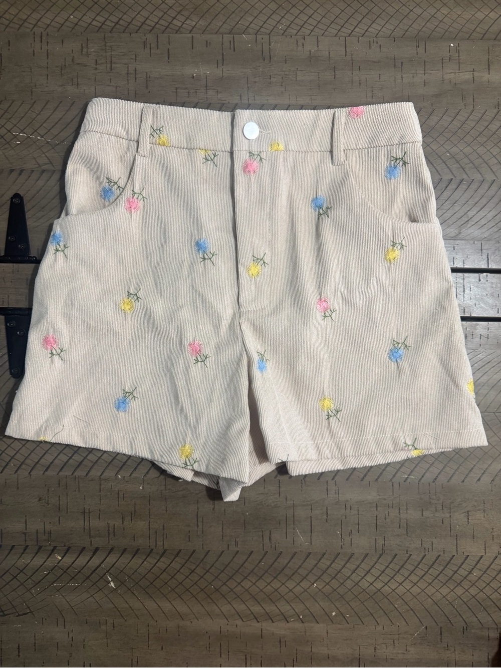 SHEIN Cream High-Waist Corduroy Shorts with Pink Blue Yellow Embroidery